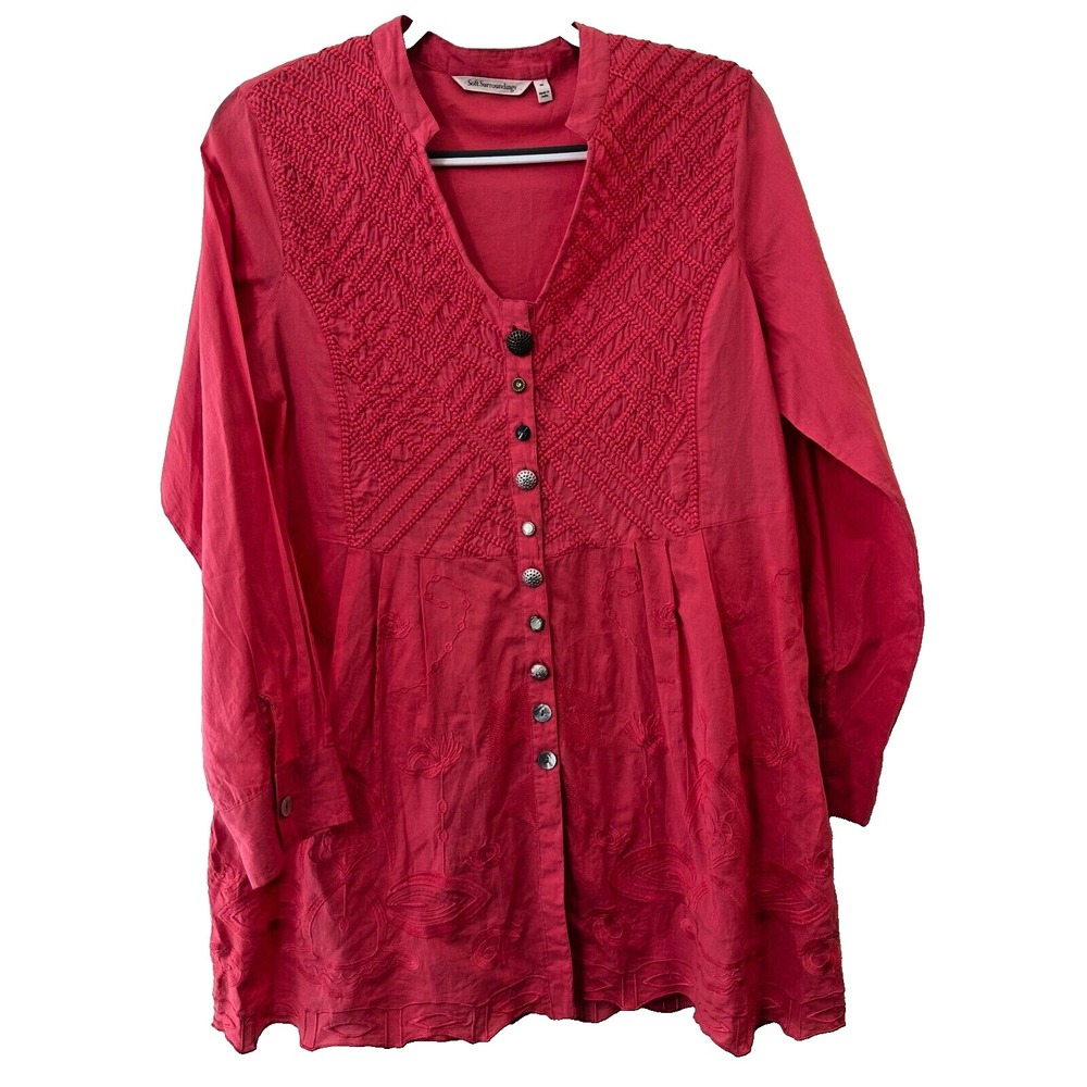 Soft Surroundings Medium Tunic Pink Long Sleeve Embroidered Mismatched Button